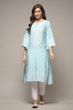 Light Blue Embroidered Casual Round Neck 3/4th Sleeves Women Straight Fit Kurta